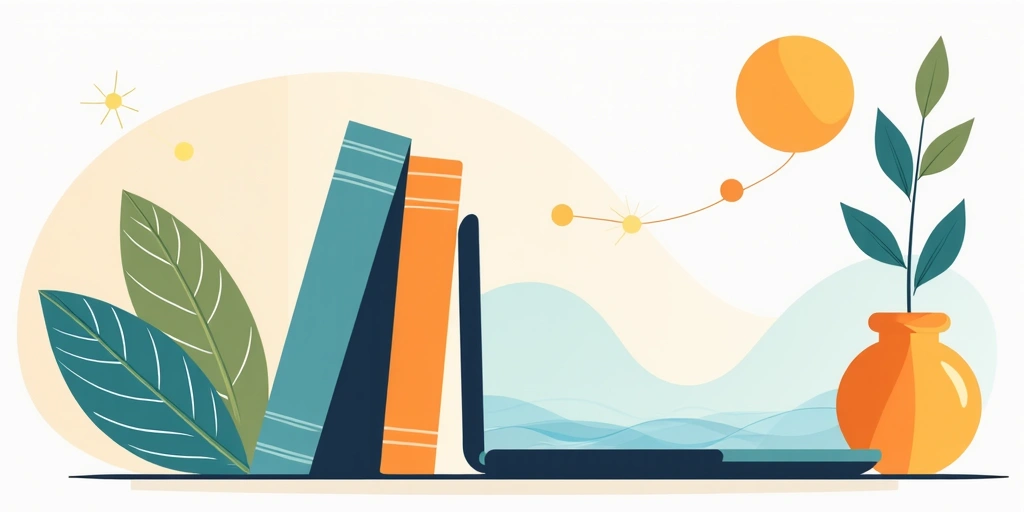 Image abstraite et moderne représentant des livres, des ordinateurs et des éléments de nature ou de nourriture