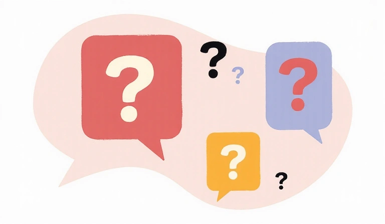 Illustration abstraite de points d'interrogation et bulles de dialogue symbolisant la FAQ