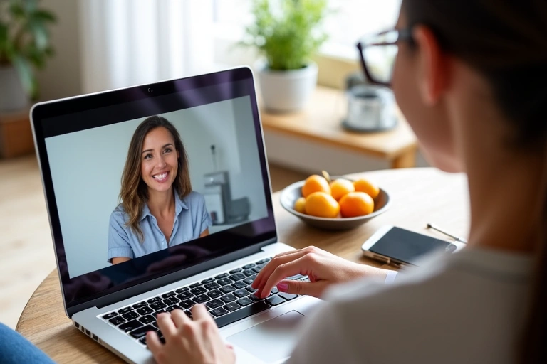 Personne utilisant un ordinateur portable pour une consultation en ligne avec un diététicien, symbolisant le suivi à distance