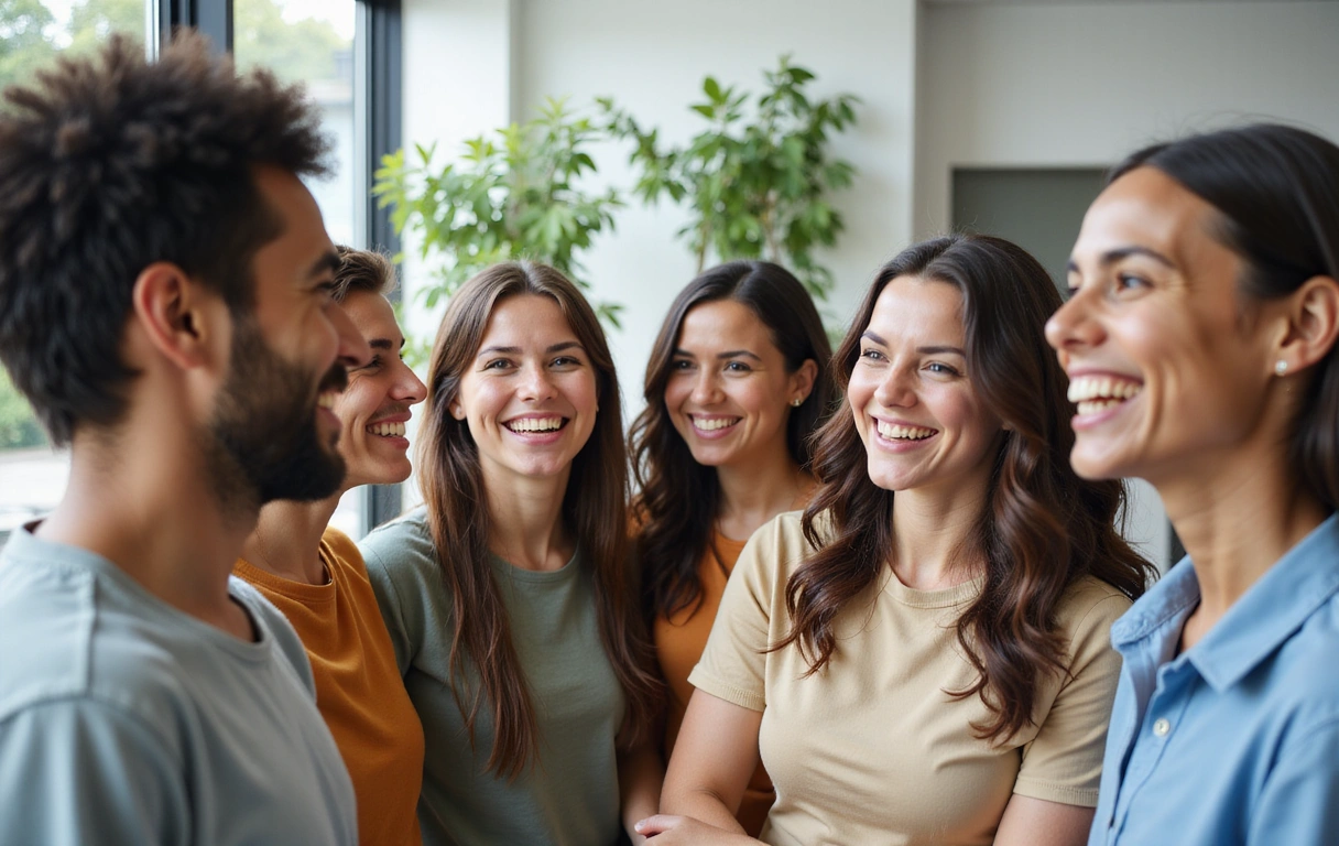 Groupe de personnes souriantes et en bonne santé interagissant dans un cadre lumineux